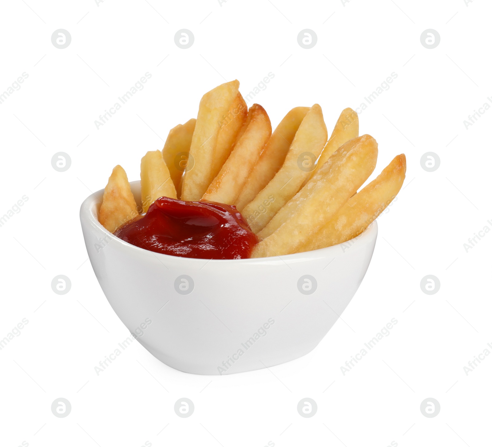 Photo of Bowl of delicious french fries with ketchup on white background