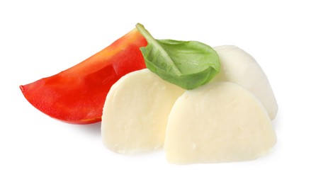 Photo of Delicious mozzarella, tomato and basil on white background