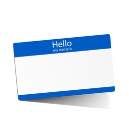 Card with text Hello my name is on white background, illustration. Mockup for design 