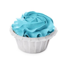 Photo of Baby shower cupcake with light blue cream isolated on white