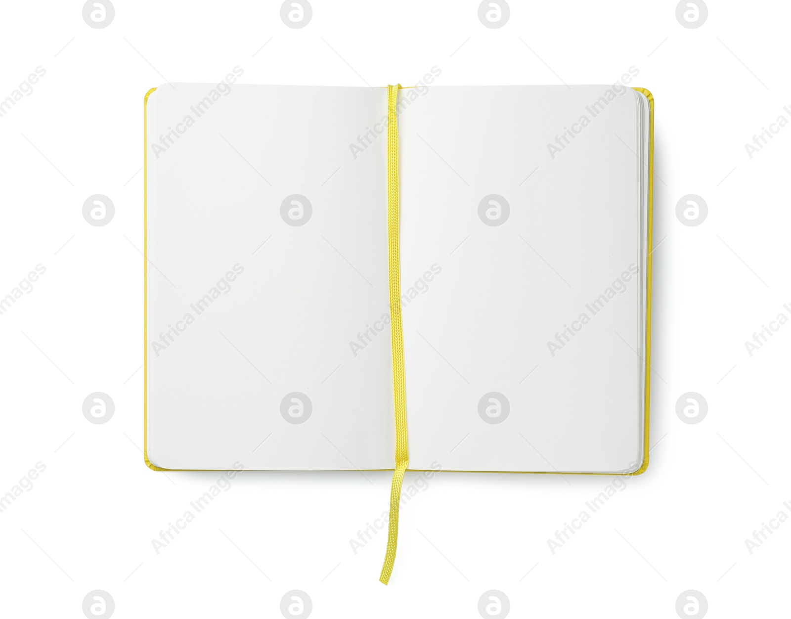 Photo of Open notebook with blank pages isolated on white, top view