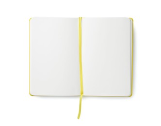 Open notebook with blank pages isolated on white, top view