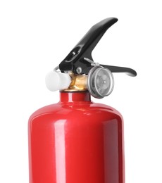 Photo of One red fire extinguisher on white background