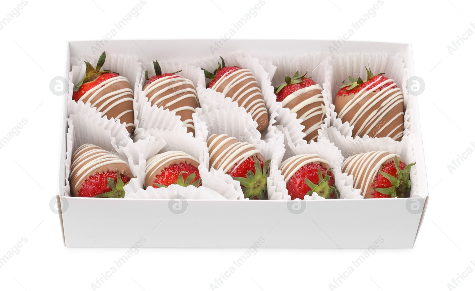 Photo of Box with delicious chocolate covered strawberries isolated on white