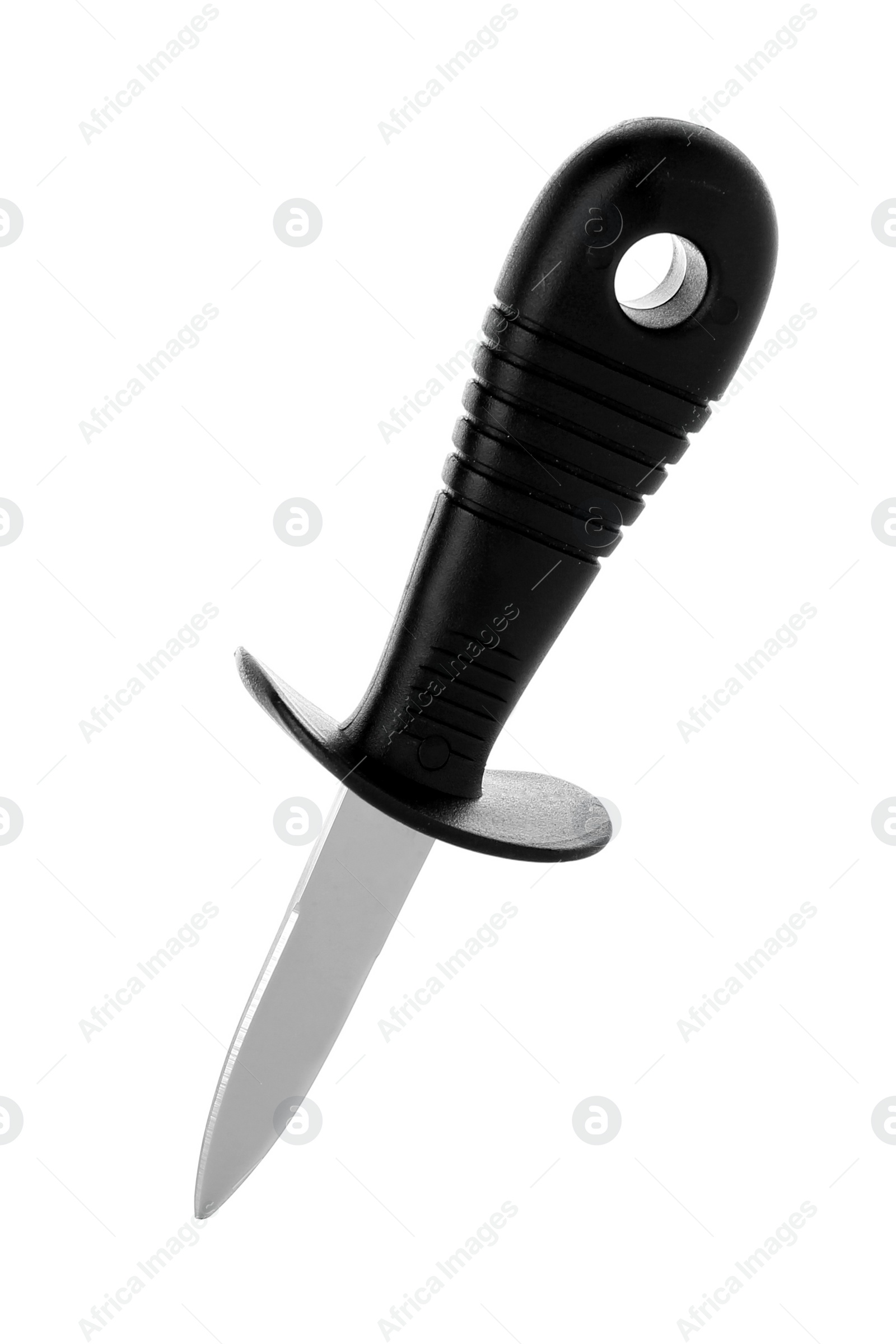 Photo of Oyster knife with black handle isolated on white