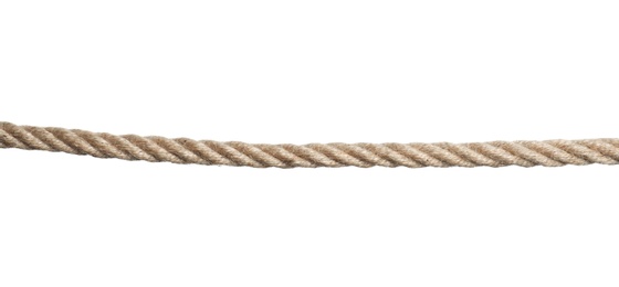 Photo of Strong nautical cotton rope on white background