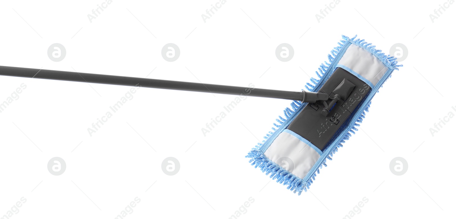 Photo of Blue mop isolated on white. Cleaning service