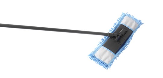 Photo of Blue mop isolated on white. Cleaning service