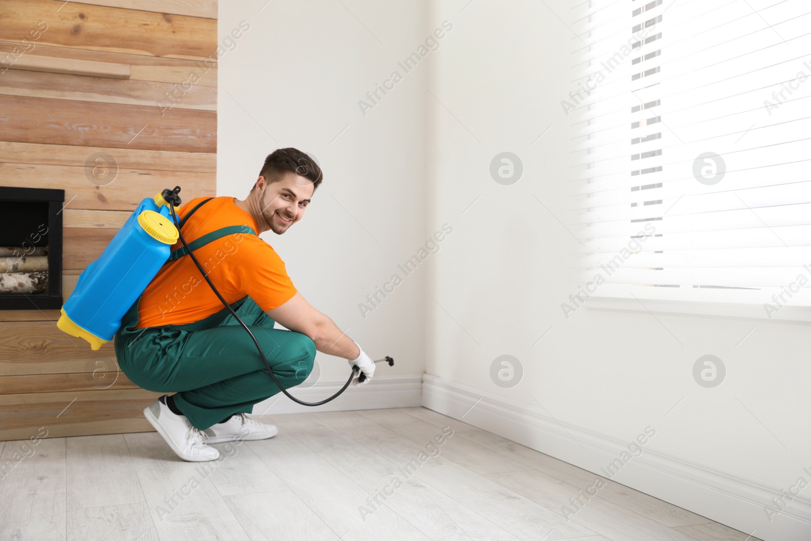 Photo of Pest control worker spraying insecticide on baseboard at home. Space for text