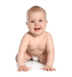 Cute little baby crawling on white background