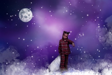 Girl holding pillow and sleepwalking on clouds in starry sky with full moon