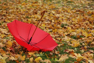 Red umbrella and fallen autumn leaves on grass in park, space for text