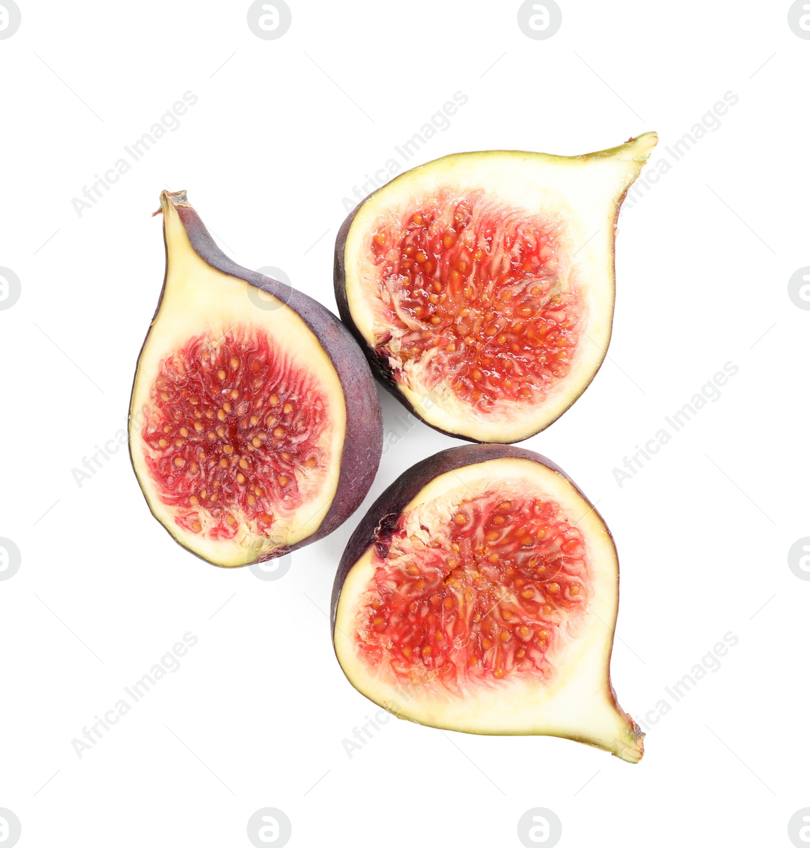 Photo of Halves of tasty fresh figs on white background, top view