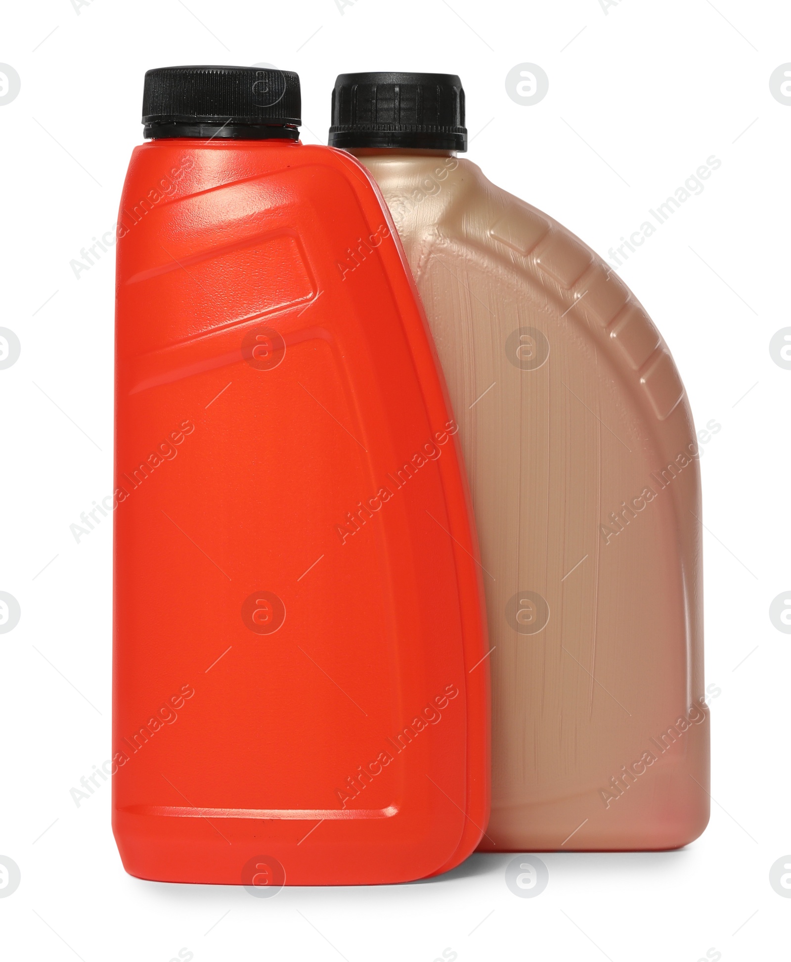 Photo of Antifreeze in plastic bottles isolated on white