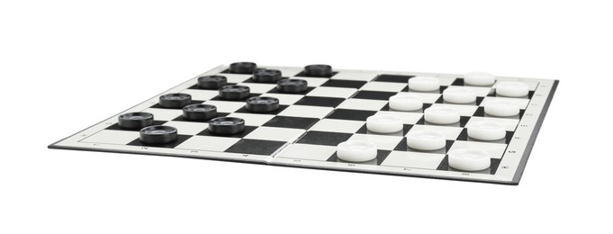 Photo of Checkerboard with game pieces isolated on white