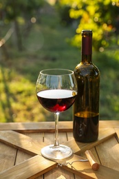 Bottle and glass of red wine on wooden table in vineyard