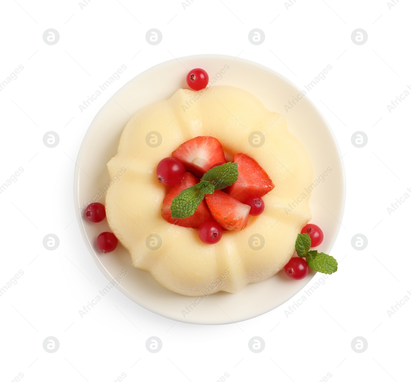 Photo of Delicious semolina pudding with berries isolated on white, top view