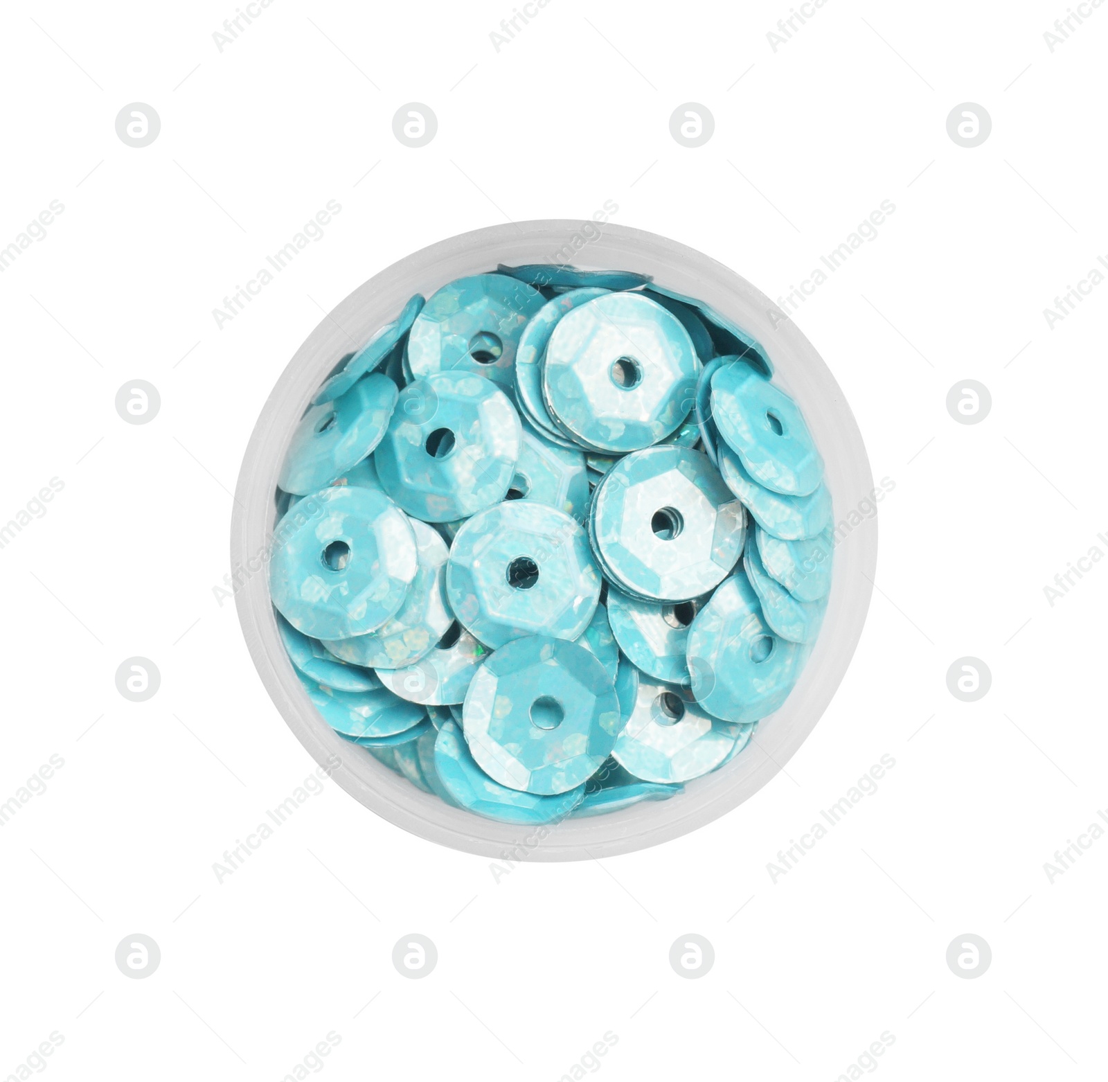 Photo of Turquoise sequins on white background, top view