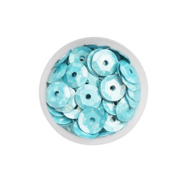 Photo of Turquoise sequins on white background, top view