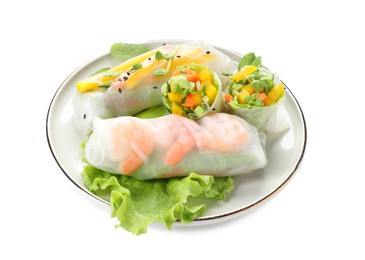 Photo of Plate with tasty spring rolls isolated on white