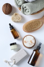 Photo of Bath accessories. Flat lay composition with personal care products on white background