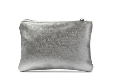 Photo of Stylish silver cosmetic bag isolated on white