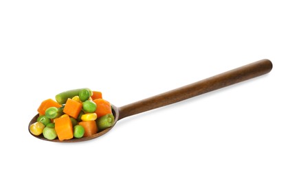 Photo of Mix of fresh vegetables in spoon on white background