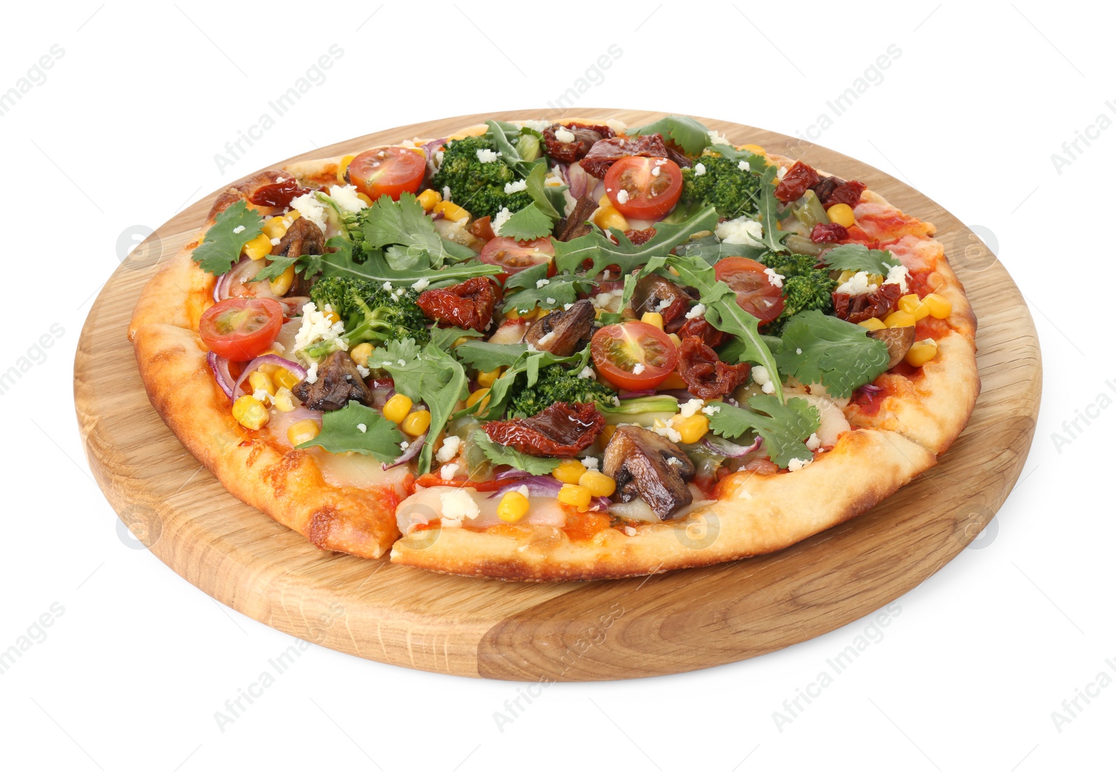 Photo of Delicious vegetarian pizza with cheese, mushrooms, vegetables and greens isolated on white