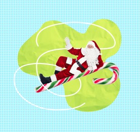 Image of Christmas art collage with Santa Claus lying on candy cane against color background
