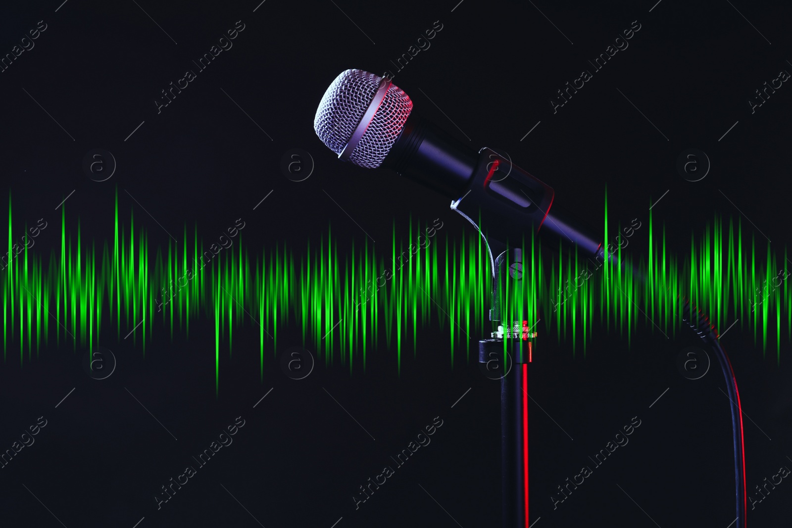 Image of Microphone and radio wave on dark background