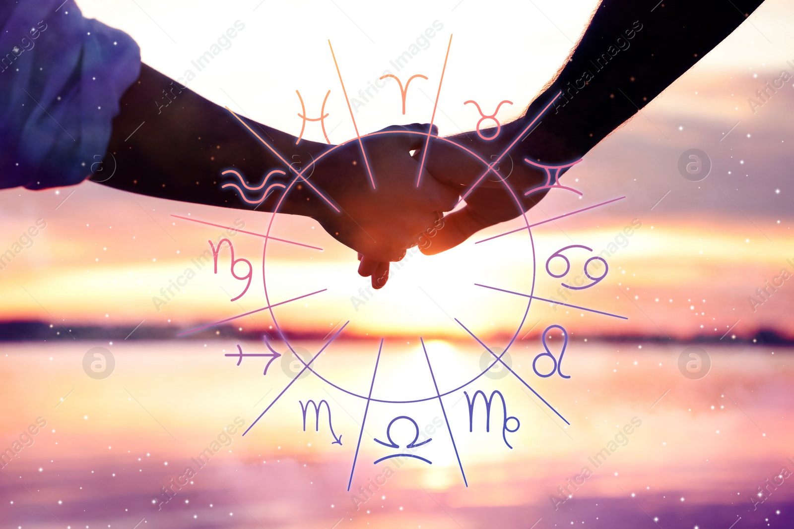 Image of Relationships and horoscope. Zodiac wheel and photo of man and woman holding hands on beach, closeup