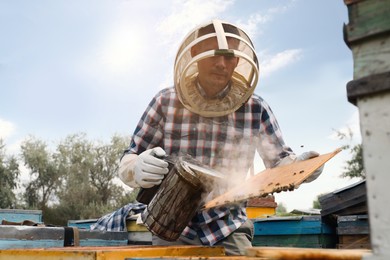 Photo of Beekeeper using bee smoker near hive at apiary. Harvesting honey
