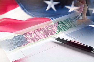 Image of Visa to United States of America, multiple exposure with national flag of USA