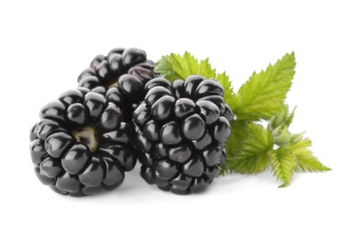 Tasty ripe blackberries and leaves on white background