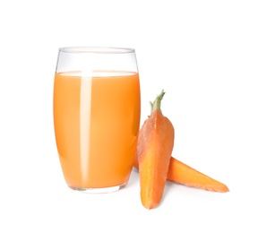 Photo of Freshly made carrot juice on white background