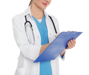 Doctor with clipboard on white background, closeup