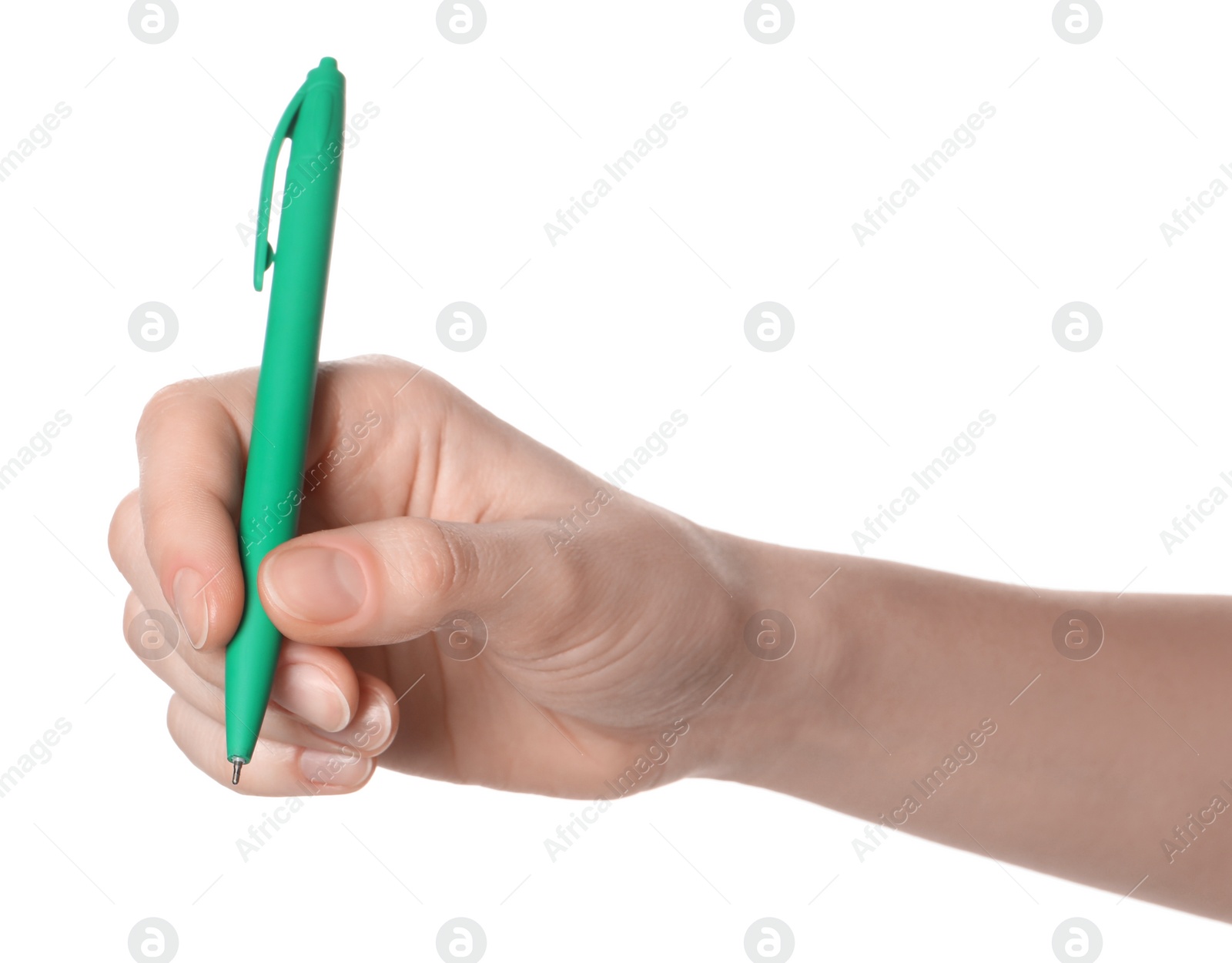 Photo of Woman holding pen on white background, closeup of hand