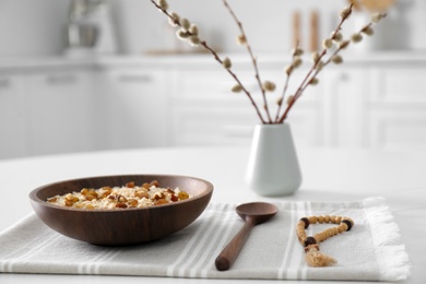 Photo of Great Lent dinner served on white table in kitchen