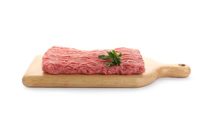 Photo of Raw fresh minced meat with parsley isolated on white