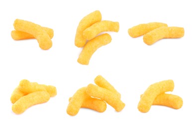 Collage of tasty corn sticks on white background