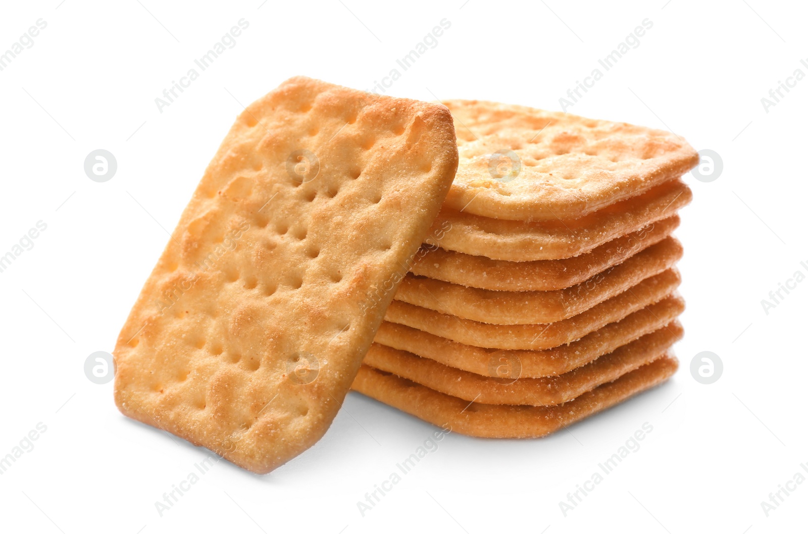 Photo of Stack of delicious crispy crackers isolated on white