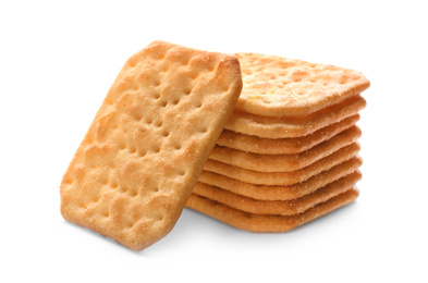 Stack of delicious crispy crackers isolated on white