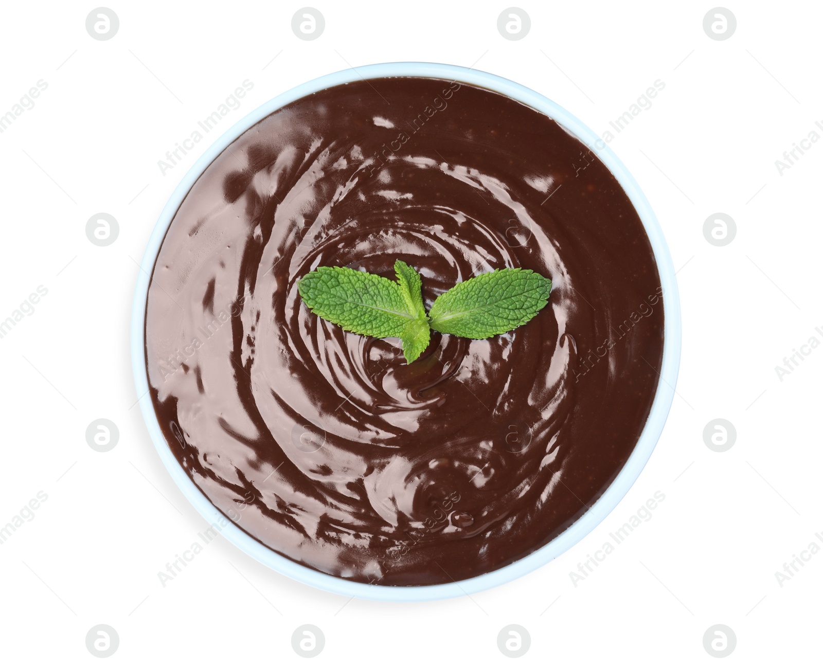 Photo of Delicious chocolate cream with mint in bowl on white background, top view