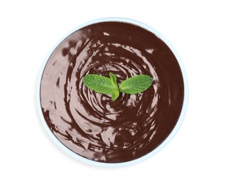 Photo of Delicious chocolate cream with mint in bowl on white background, top view