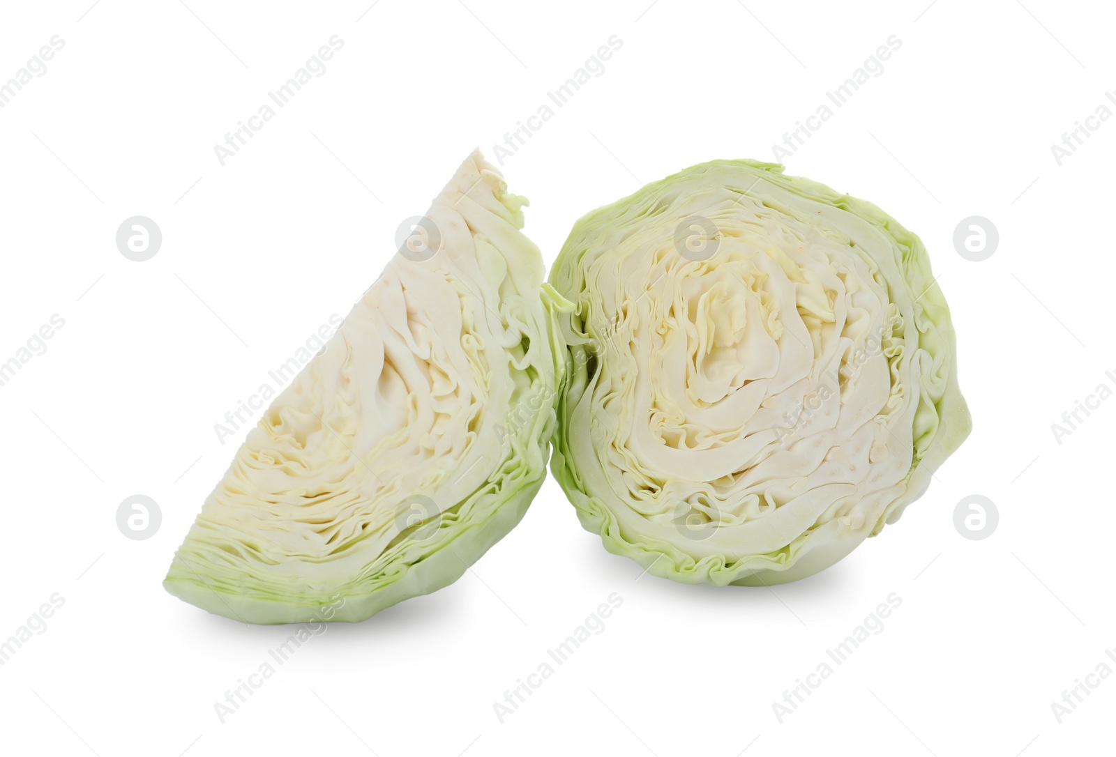 Photo of Cut fresh ripe cabbage on white background