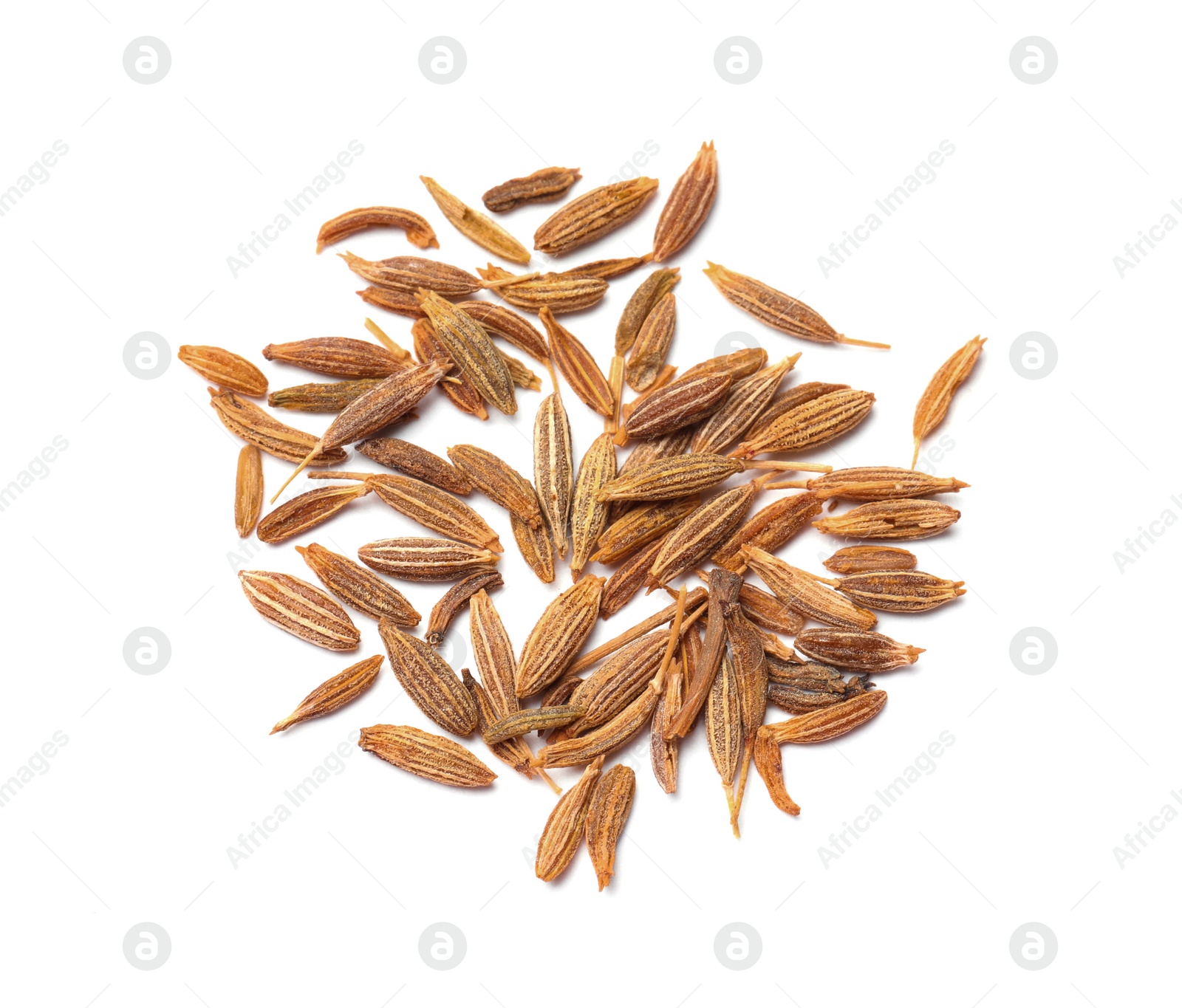 Photo of Heap of aromatic caraway (Persian cumin) seeds isolated on white, top view