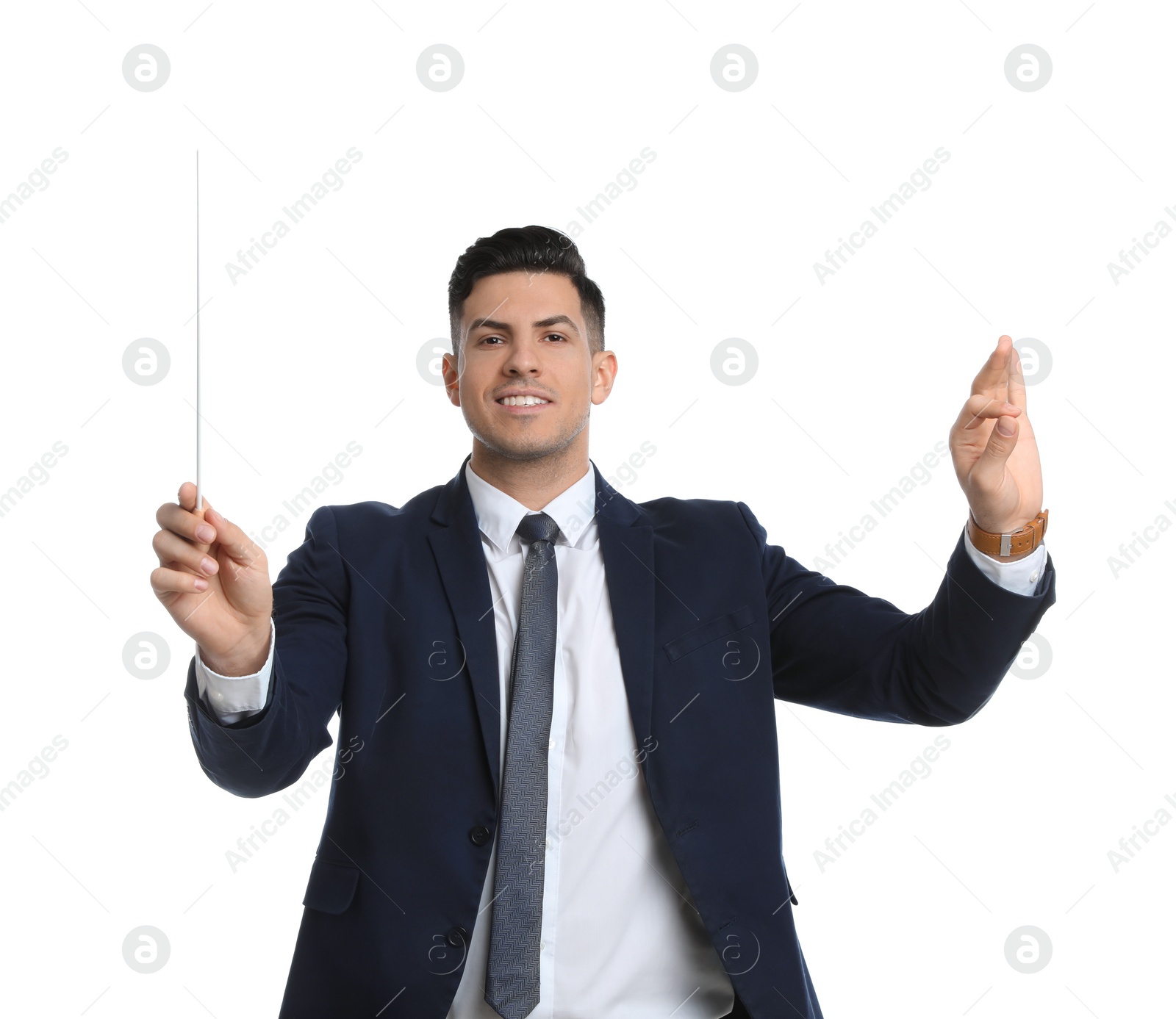 Photo of Music teacher with baton on white background