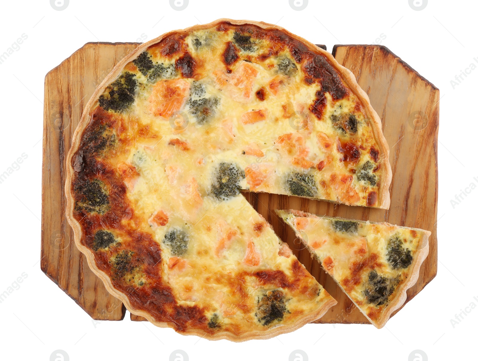 Photo of Delicious homemade quiche with salmon and broccoli isolated on white, top view