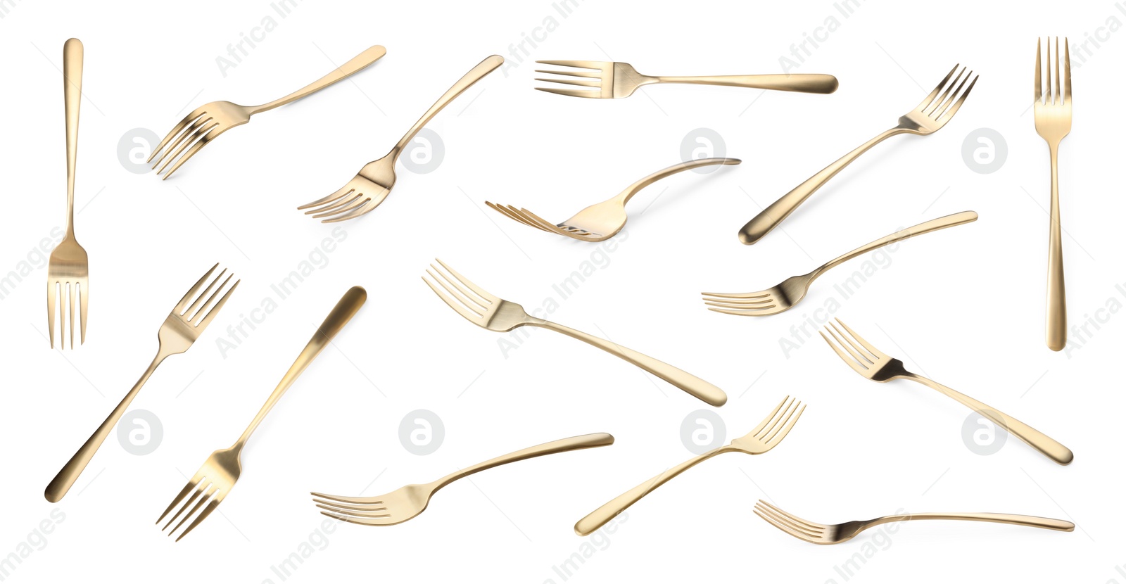 Image of Shiny golden forks isolated on white, set