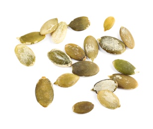 Photo of Raw peeled pumpkin seeds on white background